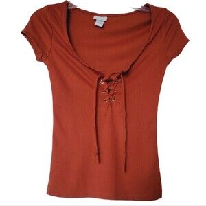 🌺3 for $10 Rue21 Burn Orange Lace-up Ribbed Knit  Blouse